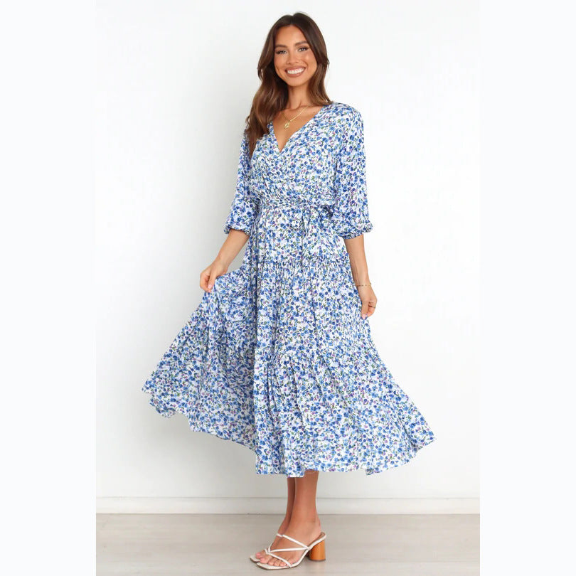 Spring Summer Floral Fresh Sweet Mid-Sleeve V neck Dress XUYUN