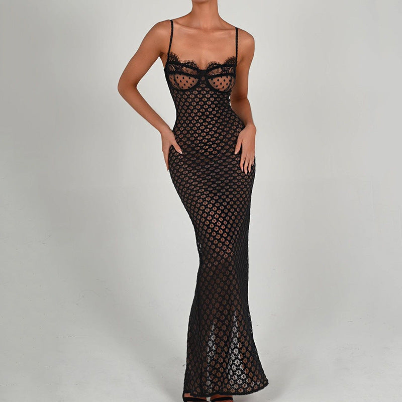 Robe moulante sexy à bretelles et dos nu en dentelle, robe fendue à pois, automne