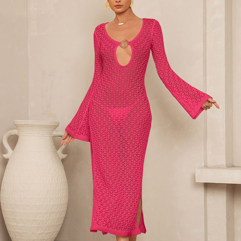 Holiday Side Slit Hollow Out Cutout Metal Buckle V neck Flared Sleeves Beach Sun Protection Backless Blouse Dress Tidee