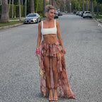 Vacation Dress Summer Floral Print Double Layer Irregular Asymmetric Mop Ruffled Skirt LingSharp