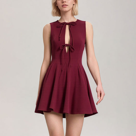Women Clothing Summer Elegant Slim Fit Fitted Waist Bowknot Stitching Sexy Sweet Sleeveless Dress