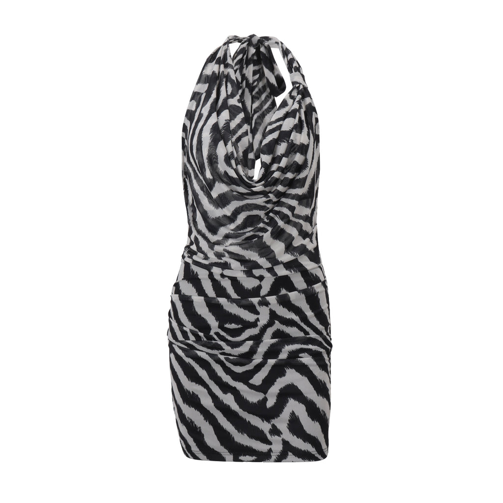 Ropa de mujer Otoño Sexy Halter Cuello Swing Personalidad Estampado de cebra Sexy Cadera Bolso Vestido Mujer