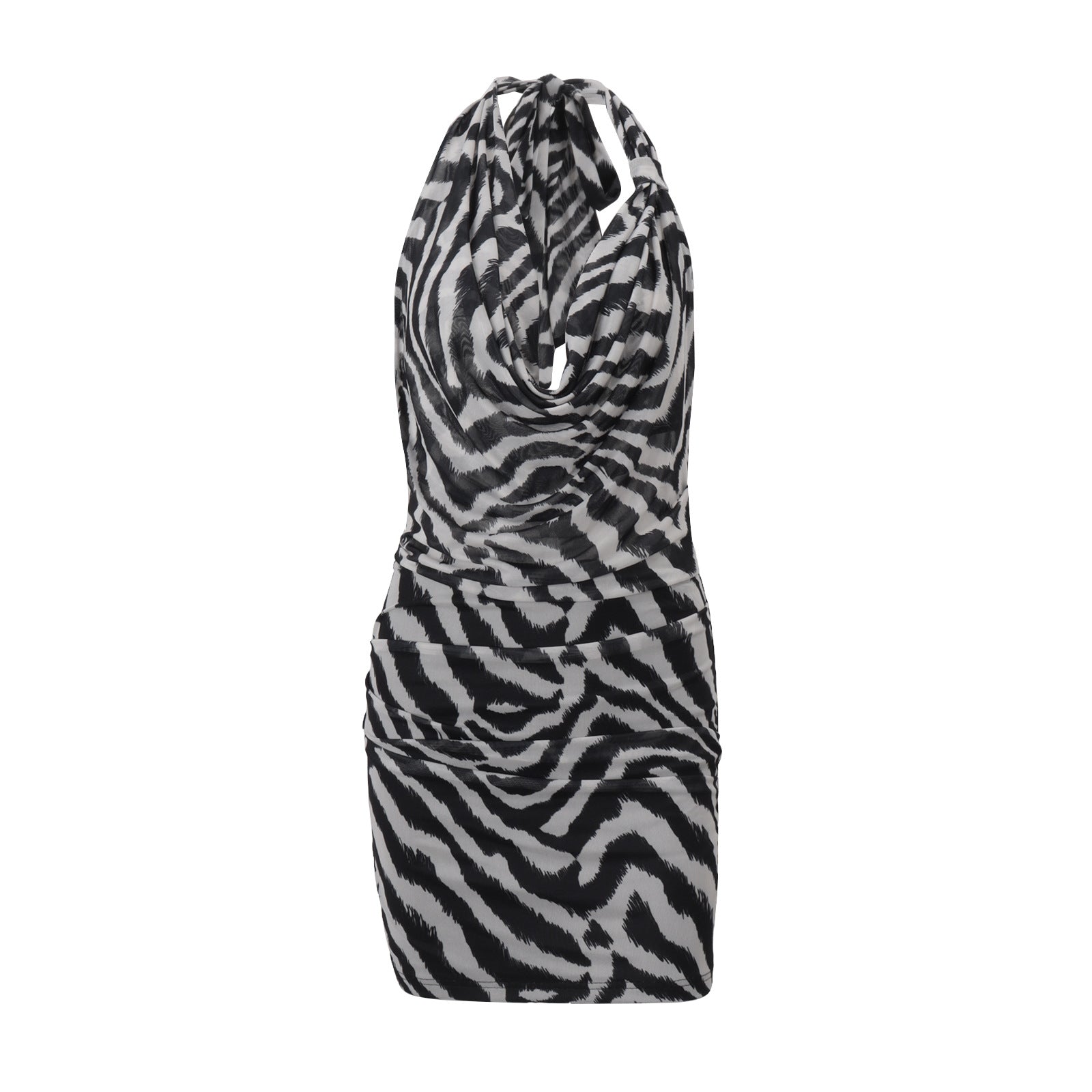Ropa de mujer Otoño Sexy Halter Cuello Swing Personalidad Estampado de cebra Sexy Cadera Bolso Vestido Mujer
