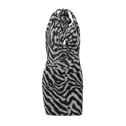 Women Clothing Autumn Sexy Halter Swing Collar Personality Zebra Pattern Sexy Hip Bag Dress Women