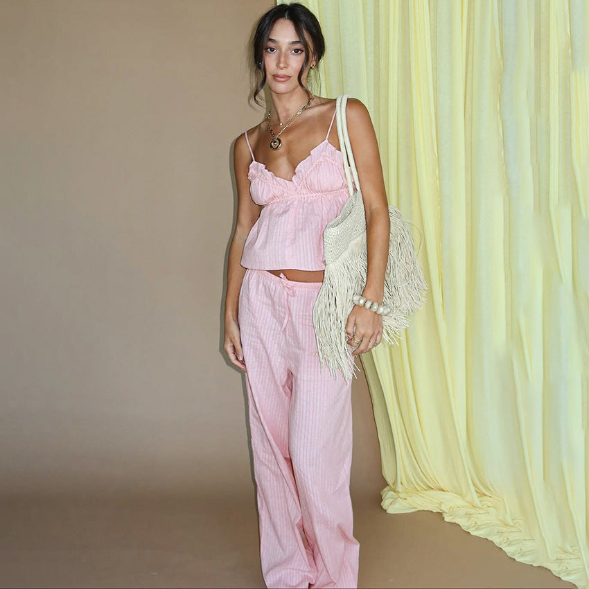 Spring Summer Cotton Pajamas Set Jacquard Suspender Trousers Two Piece Set Exclusive for Ladies Homewear Meiyas