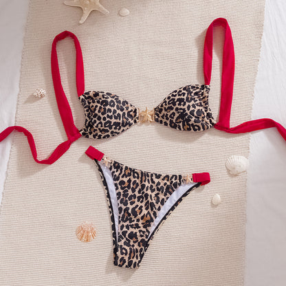 Bikini Leopard Print Color Matching Starfish Decoration Sexy Split Bikini Swimsuit Women
