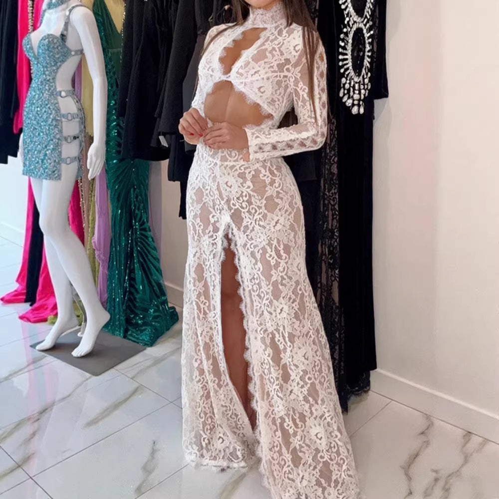 Women Clothing Sexy Cutout Design Turtleneck High Slit Red Carpet Lace Dress Women LaceCH