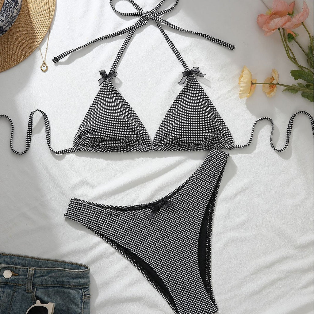 Black White Lattice Pattern Bow Halter Bikini Two Piece Sets CSC