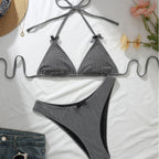 Black White Lattice Pattern Bow Halter Bikini Two Piece Sets CSC