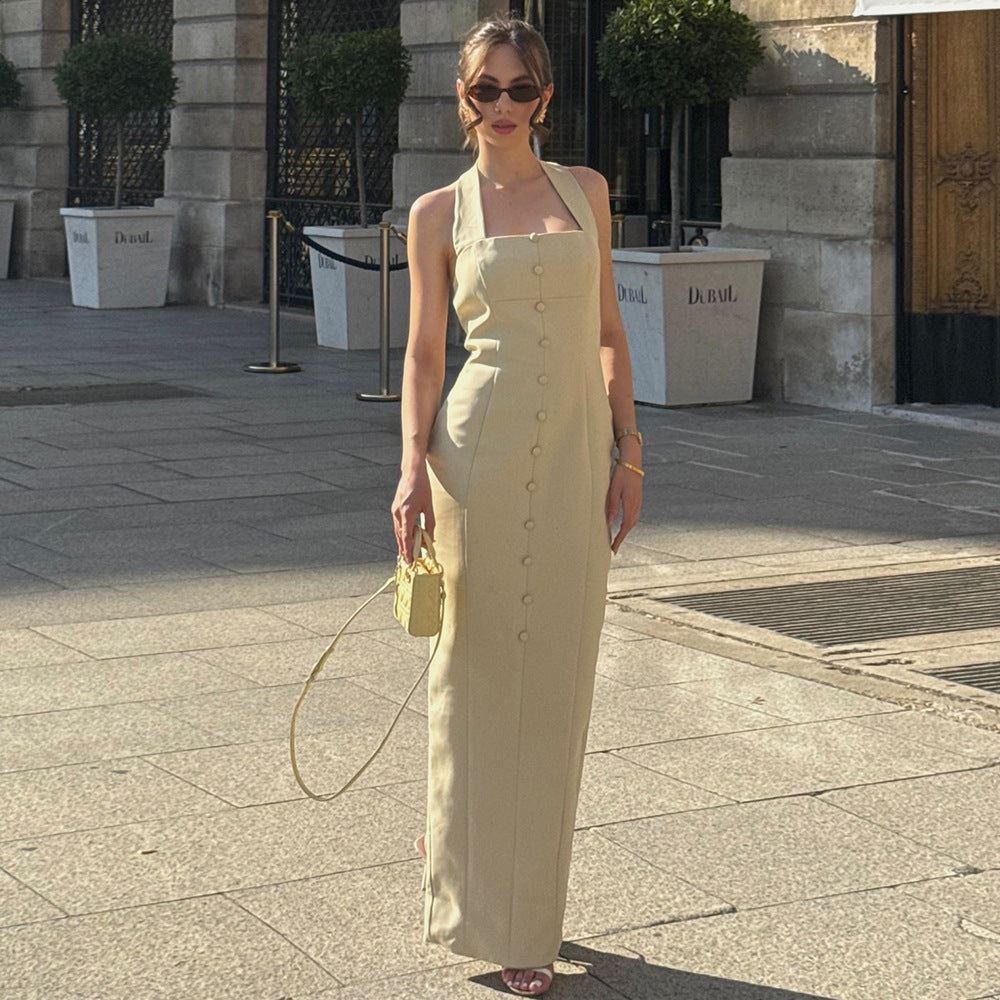 Vacation Light Yellow Halter Dress Women Summer Single Breasted Slim Fit Side Slit French Light Luxury Dress Sight