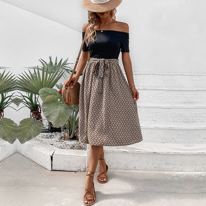 Summer Women Clothing off Shoulder Color Matching Dress HUNDRED
