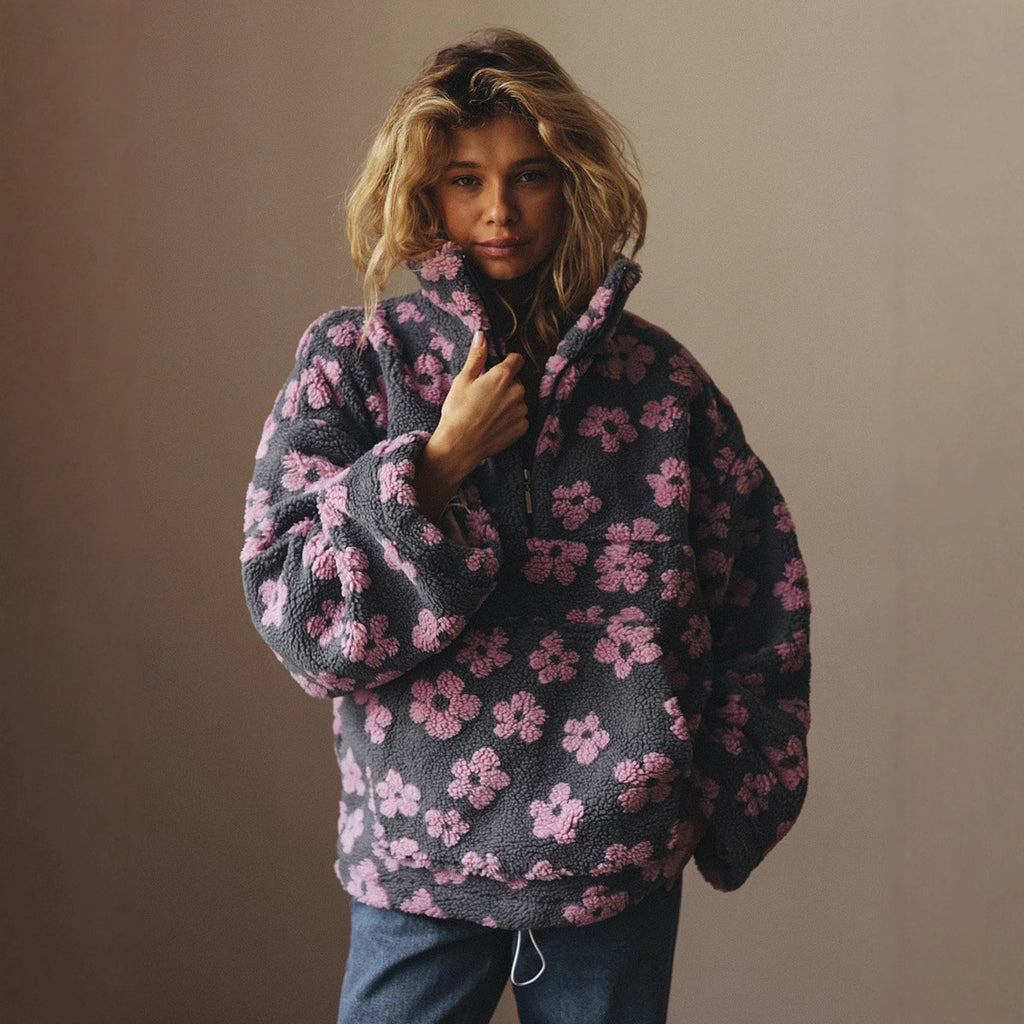 Pull en polaire douce et chaude pour femme, motif floral, idéal pour l'automne et l'hiver.