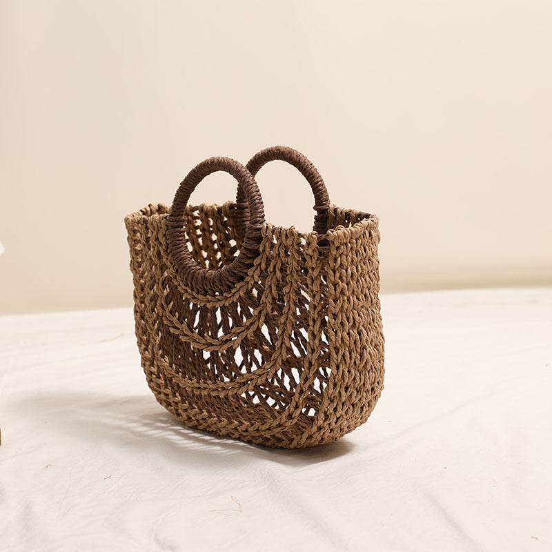 Bolso de paja portátil semicircular ahuecado con asa redonda y color contrastante para mujer, bolso de playa para vacaciones en la playa 