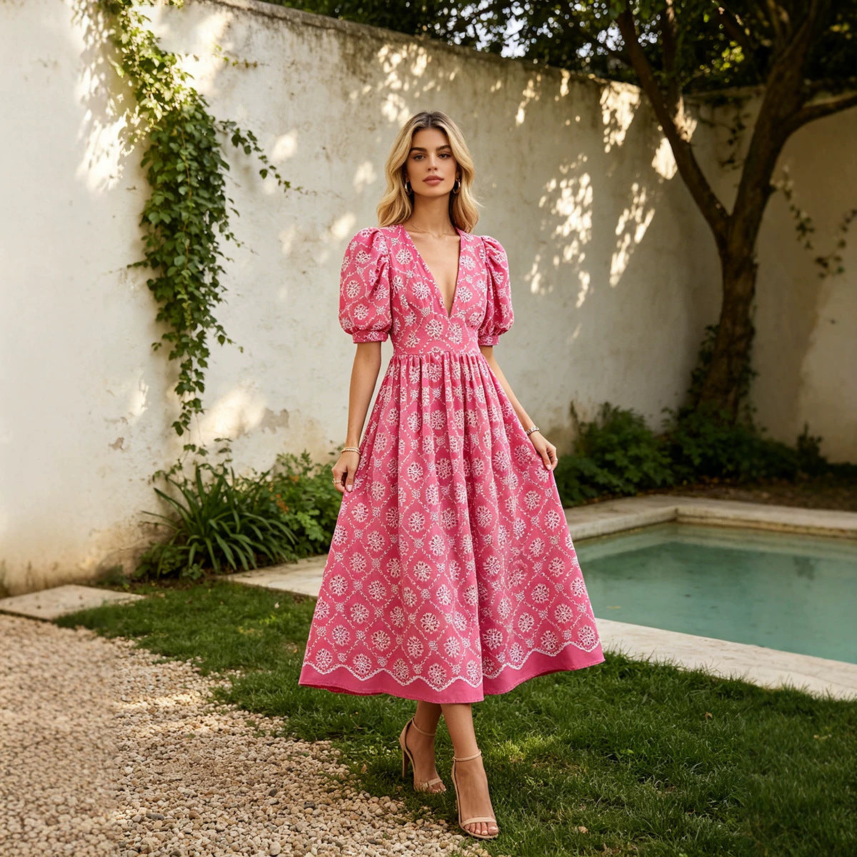 Elegant Tea Break Dress Autumn V neck Lantern Sleeve Printed High Waist Slim Slimming Dress Women Sailfish