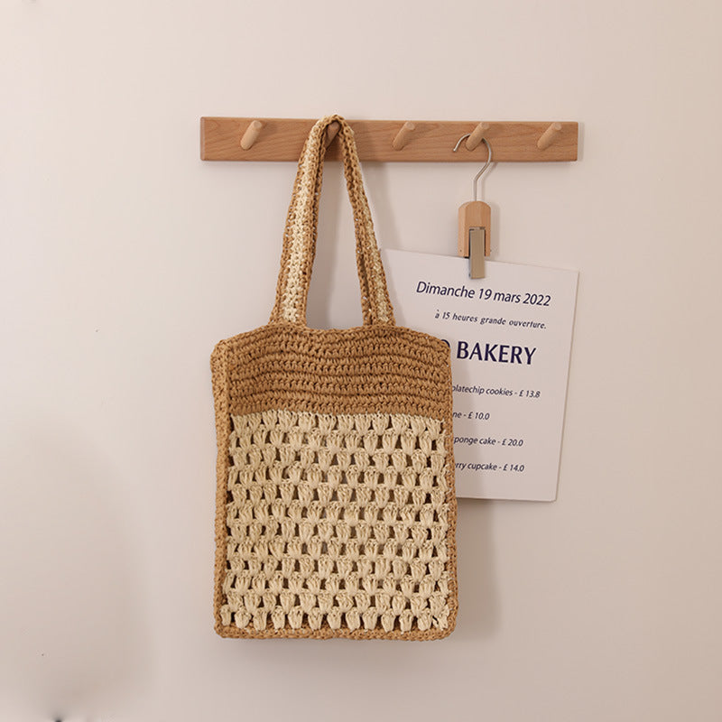 Color Matching Hollow Out Cutout out Crochet Shoulder Straw Bag Special Interest Design Hand Woven Bag Seaside Vacation Beach Bag EaseWoven