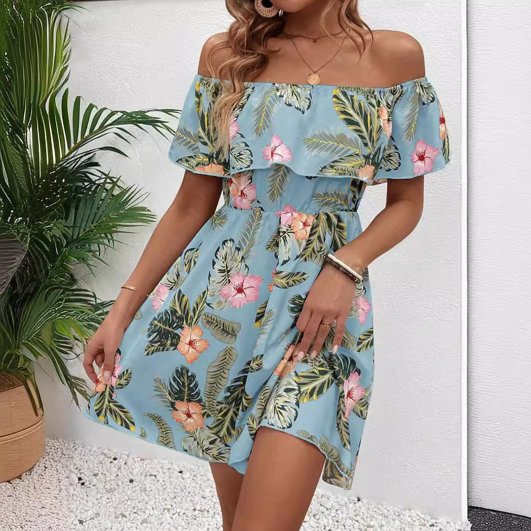 Summer Elegant Ladies Printed off the Shoulder Collar Ruffled Dress Vivish