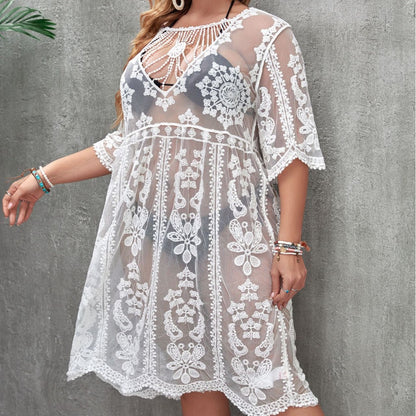 Vestido de playa de una pieza sexy transparente con protección solar para mujer