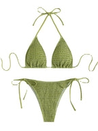 Traje de baño de playa de color sólido sexy con pliegues triangulares y cordones laterales.
