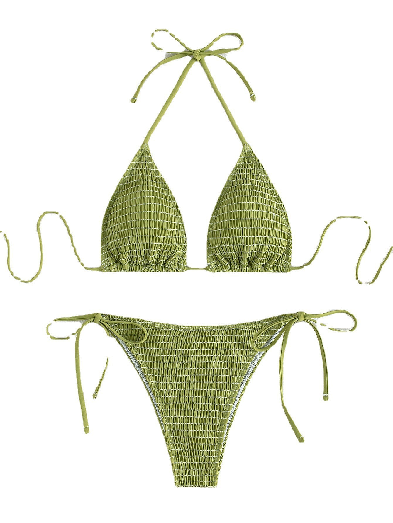 Traje de baño de playa de color sólido sexy con pliegues triangulares y cordones laterales.