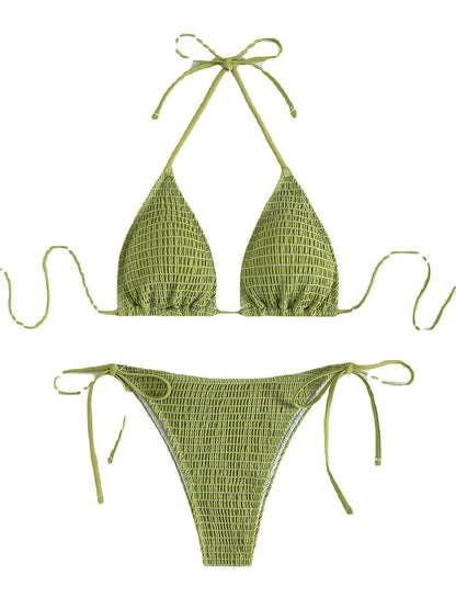 Solid Color Sexy Pleating Triangle Lace Up Side Beach Swimsuit Bikini
