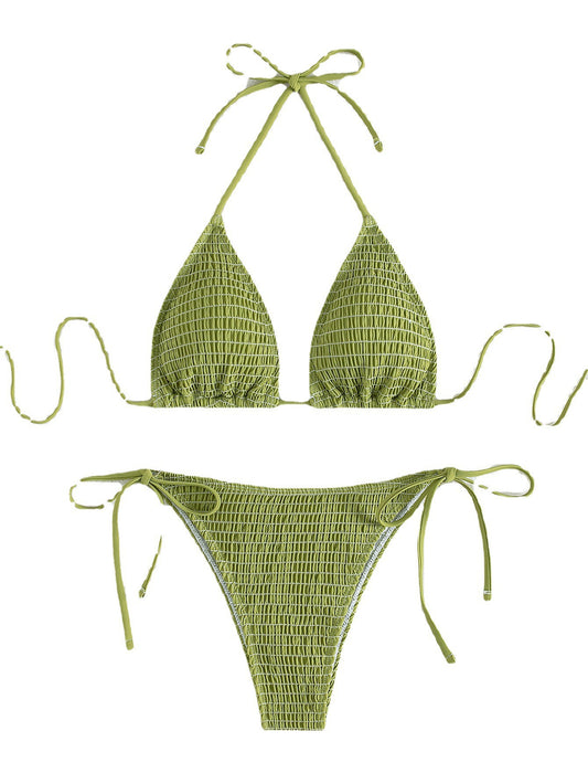 Solid Color Sexy Pleating Triangle Lace Up Side Beach Swimsuit Bikini
