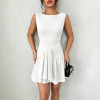 Summer French Dress Women round Neck Sleeveless Lace up Waist Controlled White Gentle Pleated Yiskiss