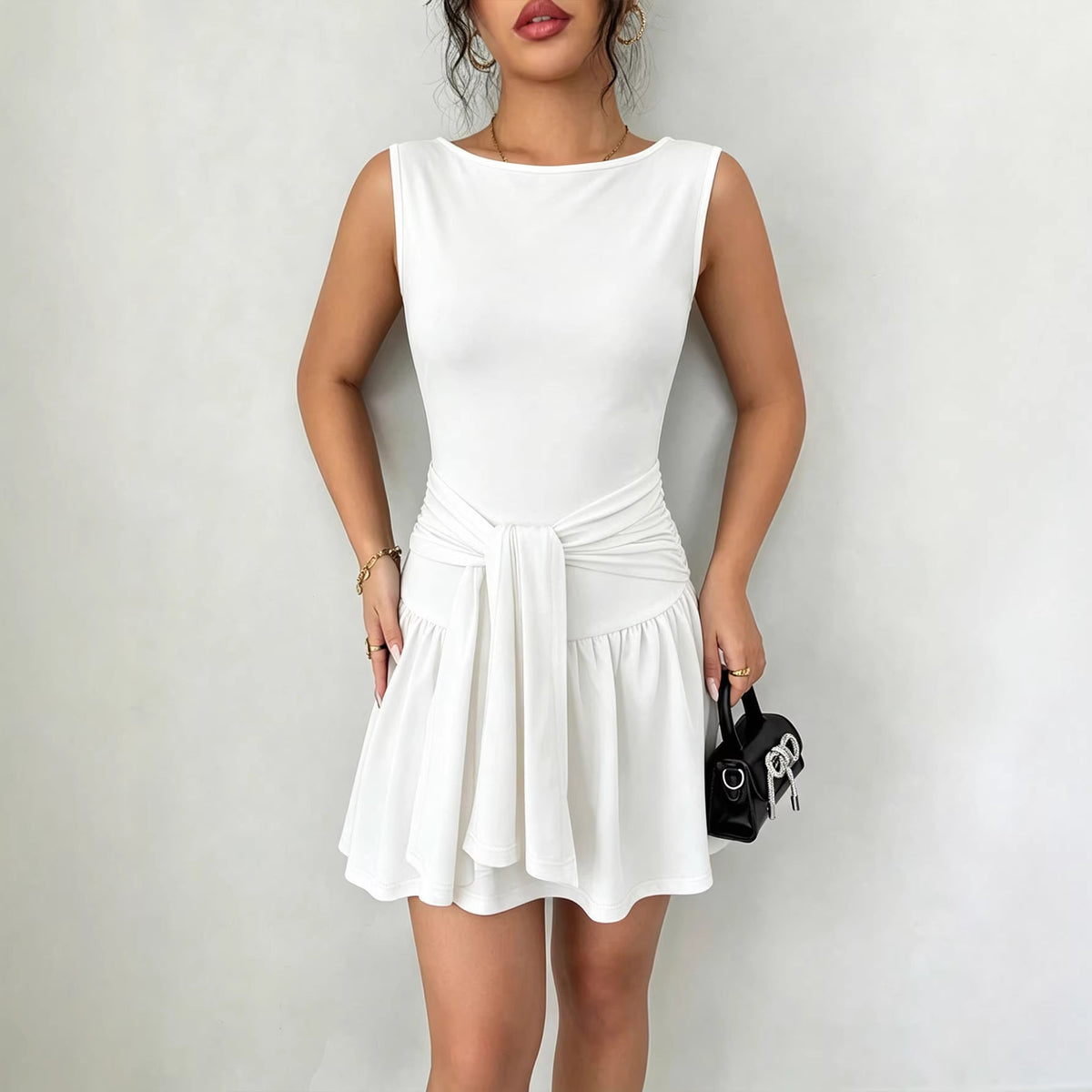 Summer French Dress Women round Neck Sleeveless Lace up Waist Controlled White Gentle Pleated Yiskiss