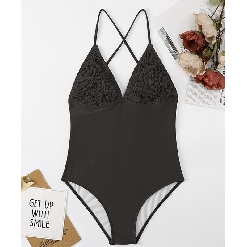 Traje de baño de una pieza ajustado, estilo playa, con escote en V, copa triangular y color liso