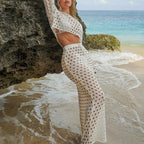 Vacation Beach Loose Casual Vacation Sun Protection Hollow Out Cutout Bikini Smock Dress Long Skirt Blouse Two Piece Sets Tidee