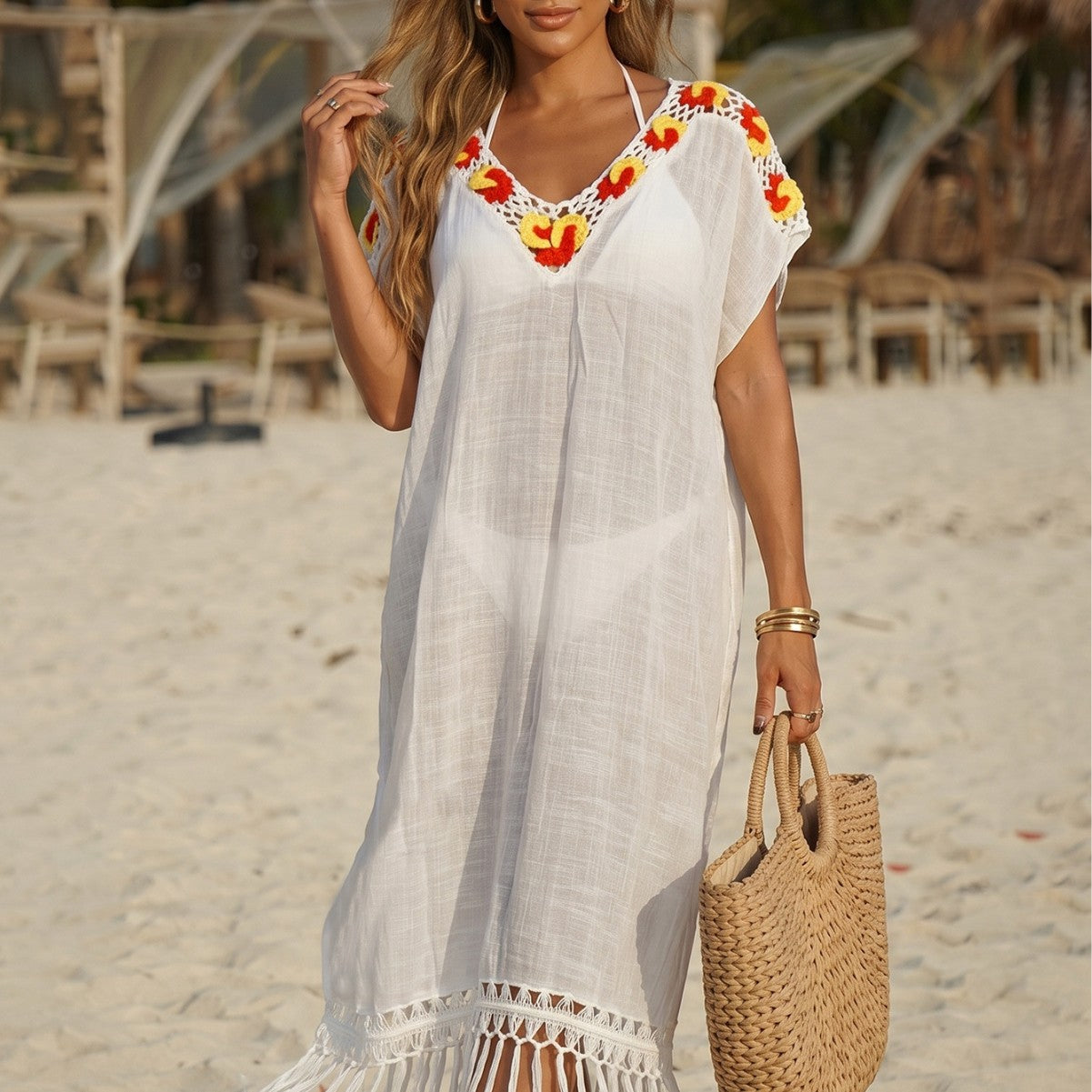 Crochet Stitching Long Fringe Beach Dress Swimsuit Blouse Vacation Dress Simple Dress Oyimi