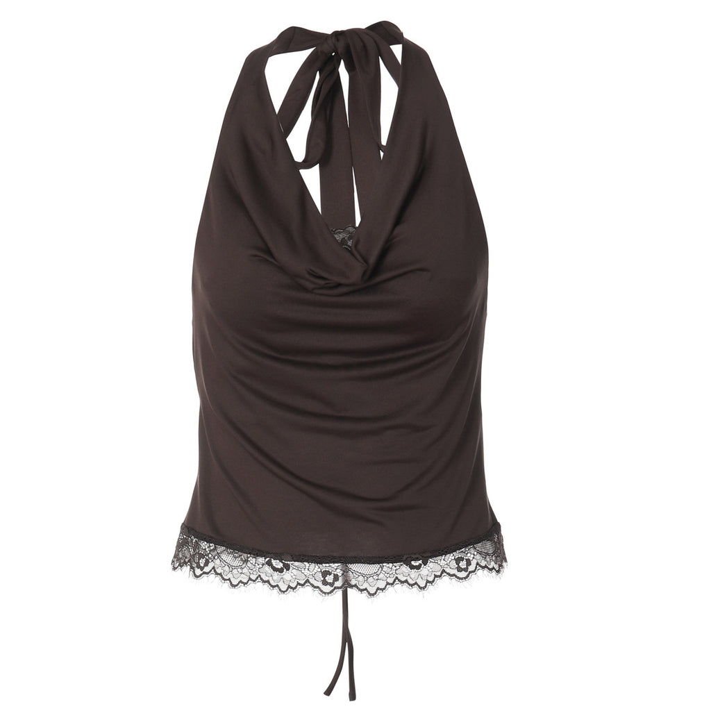 Gilet dos nu à col rond et coutures en dentelle pour femme, vêtement d'hiver sexy à porter en sous-vêtements ou à l'extérieur, coupe ajustée, haut noué
