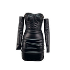 Robe bustier tubulaire sexy printemps-été, épaules dénudées, plissée, en cuir, avec corset à la taille contrôlée