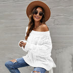 Suéter holgado de talla grande con hombros descubiertos para otoño e invierno, jersey de color liso con hombros descubiertos para mujer