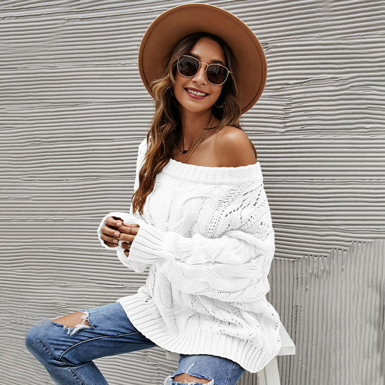 Suéter holgado de talla grande con hombros descubiertos para otoño e invierno, jersey de color liso con hombros descubiertos para mujer