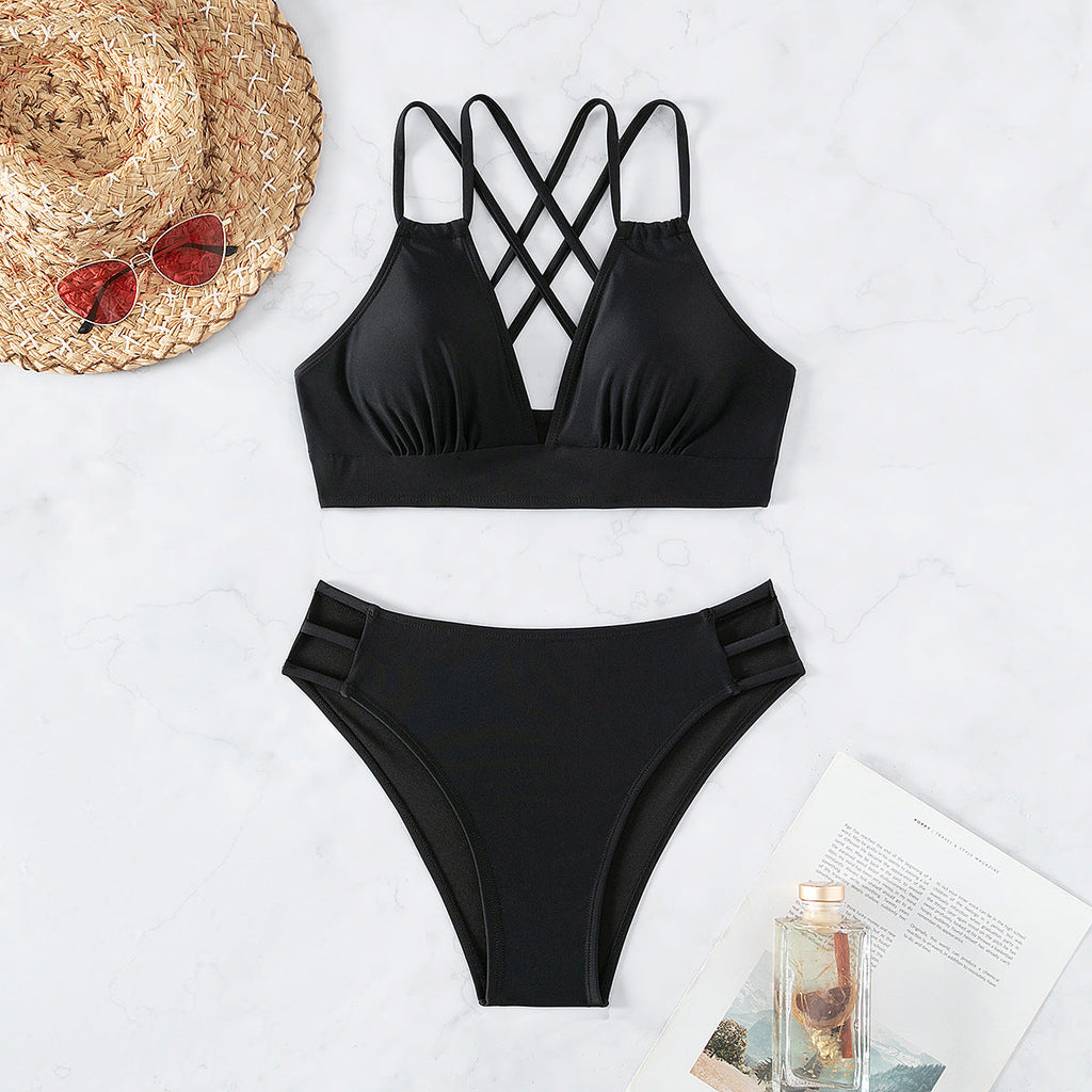 Bikini Solid Color V neck Backless Sexy Bikini Split Swimsuit Swimwear WithWind