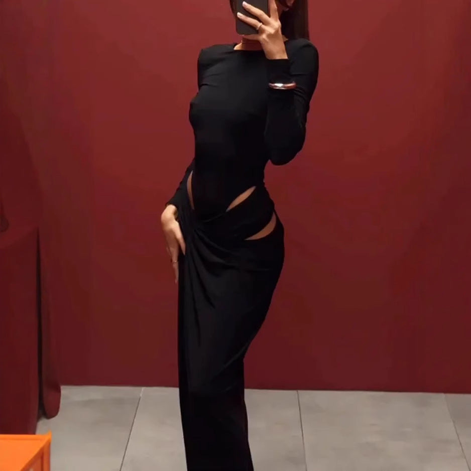 Women Clothing Spring Graceful Fashionable Long Sleeve Hollow Out Cutout Solid Color Dress