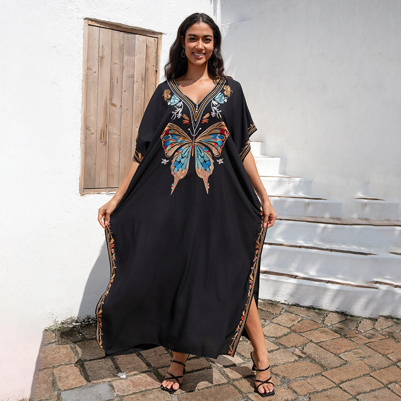 Rayon Embroidered Vacation Loose Beach Maxi Dress Women Beach Cover Up Sun Protective Clothing EvenStar