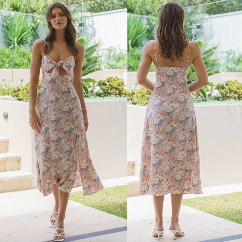 Summer New Sexy Sleeveless Split Printed Lace up Dress for Women Angel