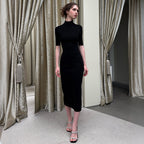 Summer Women Clothing French Half Turtleneck Backless Waist Trimming Dress Cecil