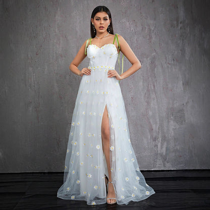 Suspender Tube Top Dress Slim Slit Evening Dress Floral Decoration Annual Meeting Adult Formal Dress