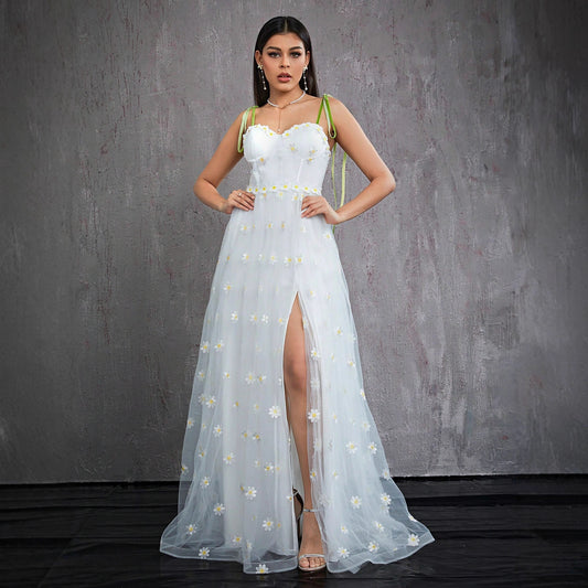 Suspender Tube Top Dress Slim Slit Evening Dress Floral Decoration Annual Meeting Adult Formal Dress