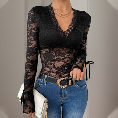 Mono de otoño para mujer con cuello en V y manga larga con costuras de encaje
