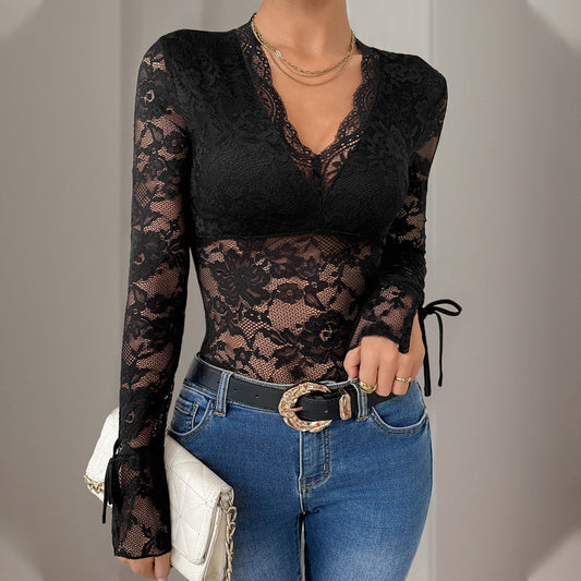 Mono de otoño para mujer con cuello en V y manga larga con costuras de encaje