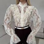 Women Commuting Wear Summer Lace Jacquard See through Puff Sleeve Wooden Ear Long Sleeve Zipper Shirt Cardigan Design Blouse FOREVEREIGHTEEN