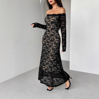 Autumn Winter Long Sleeve Lace off Neck Slim Slimming Maxi Dress Women
