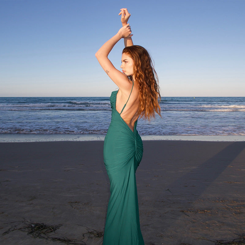 Women Backless Pleated Hip Bag Summer Casual Slim Holiday Maxi Dress WHATOWEAR
