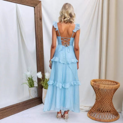 Summer Women Clothing Solid Color Elegant Graceful Ruffled Dress
