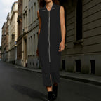 Office Stand Collar Sleeveless Vest Dress Solid Color Loose Split Maxi Dress Eping