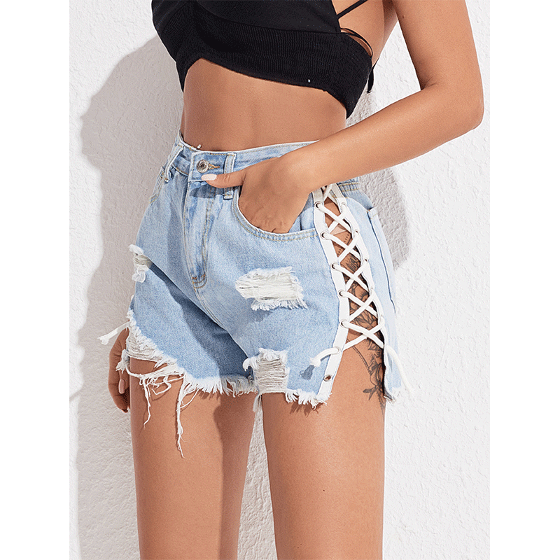 High Waist Slimming Lace-up Denim Shorts Women Summer Slim Fit Slim Fit Pants STYLEBOBON