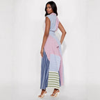 Women Clothes Cool Contrast Color Patchwork Stripes V neck Dress Irregular Asymmetric Cinched A line Dress